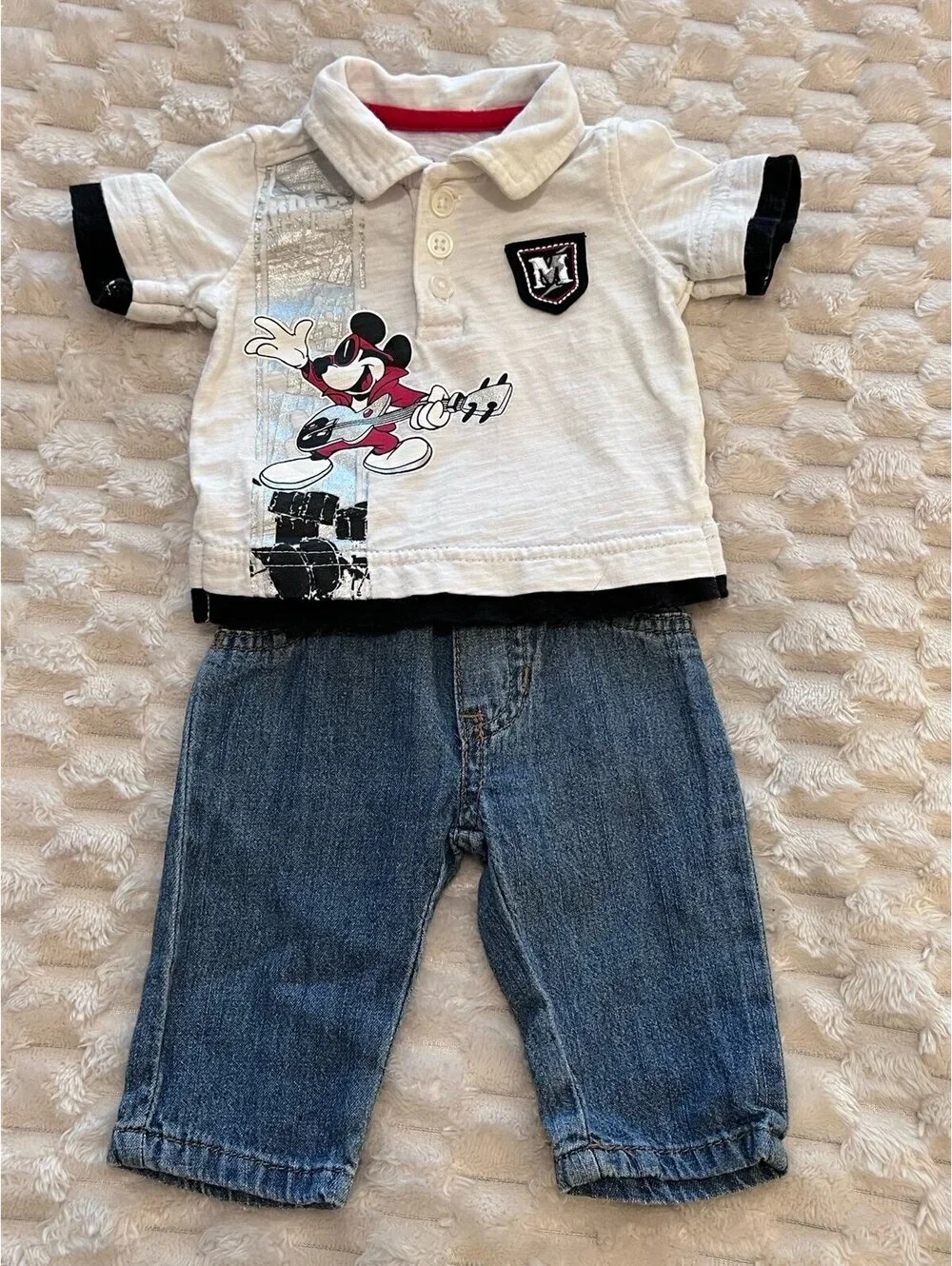 Disney Newborn Mickey Mouse Polo Shirt + Jeans Baby Boy Outfit Set (Size NB)